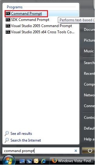 screenshot of programs menu with command prompt highlighted