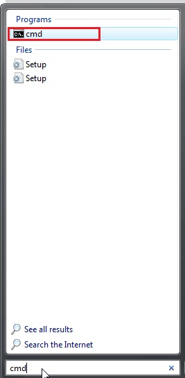 screenshot of programs menu with cmd highlighted