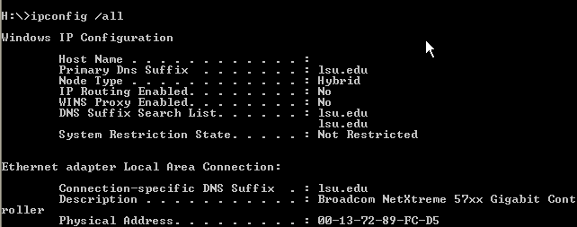 screenshot of Command Prompt, ipconfig /all results