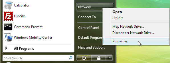 screenshot of the properties command on the network dropdown menu.