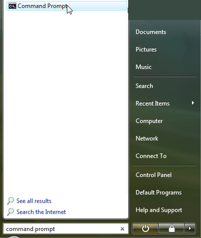 screenshot of the command prompt on the search field window.