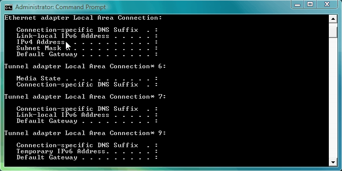 screenshot of IP address along with other LAN details.