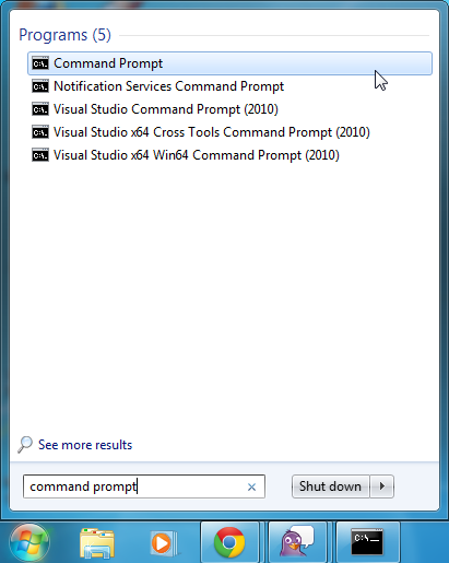 screen shot of finding the command prompt