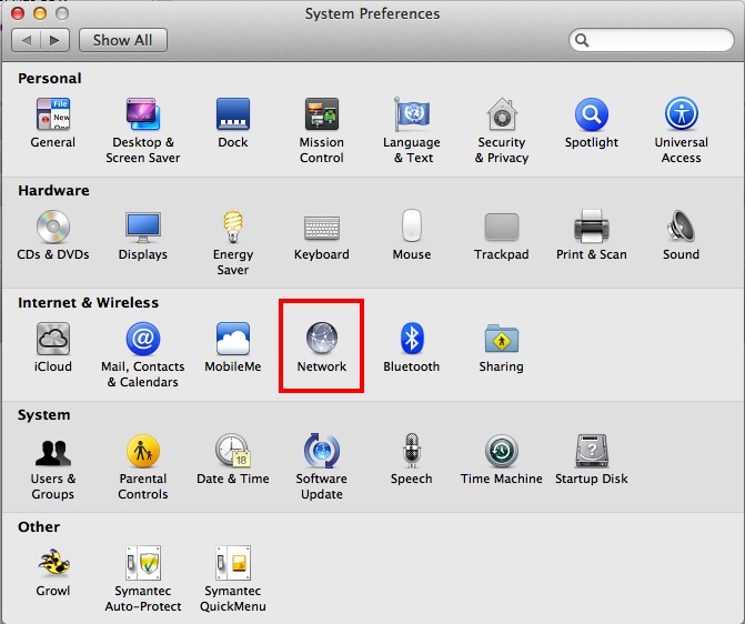 screen shot of network in system preferences