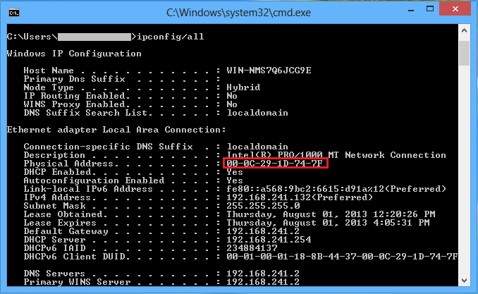 Image of command prompt displaying the mac address