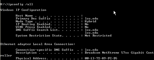 screen shot of command prompt ipconfig /all results