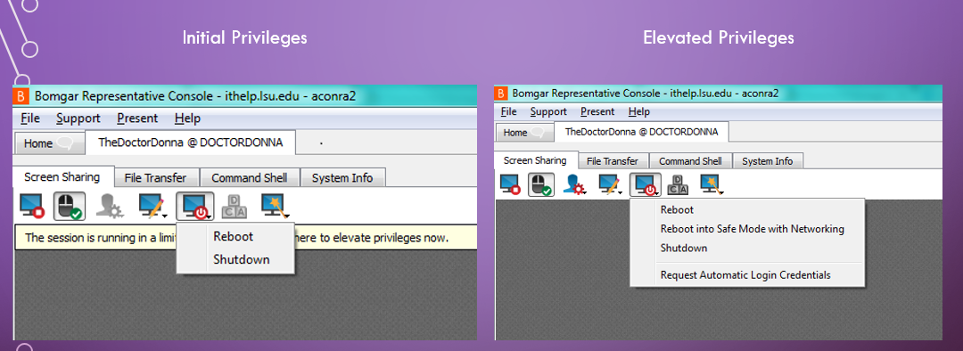 Bomgar menu comparison, showing Initial and Elevated Privileges