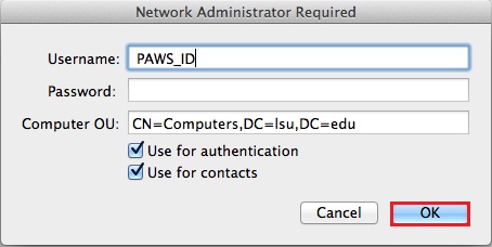 Network administrator required dialog box. 