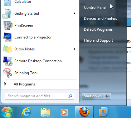 Control panel on the start menu.