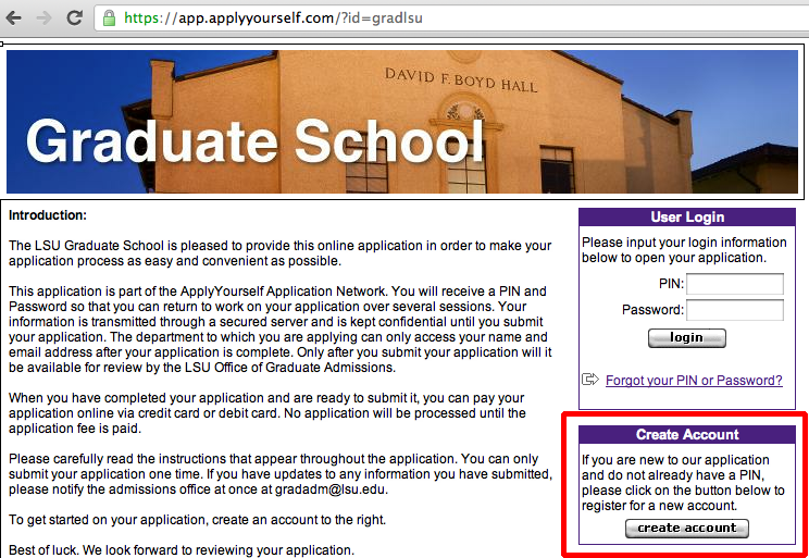 This shows the Graduate School Application Page.