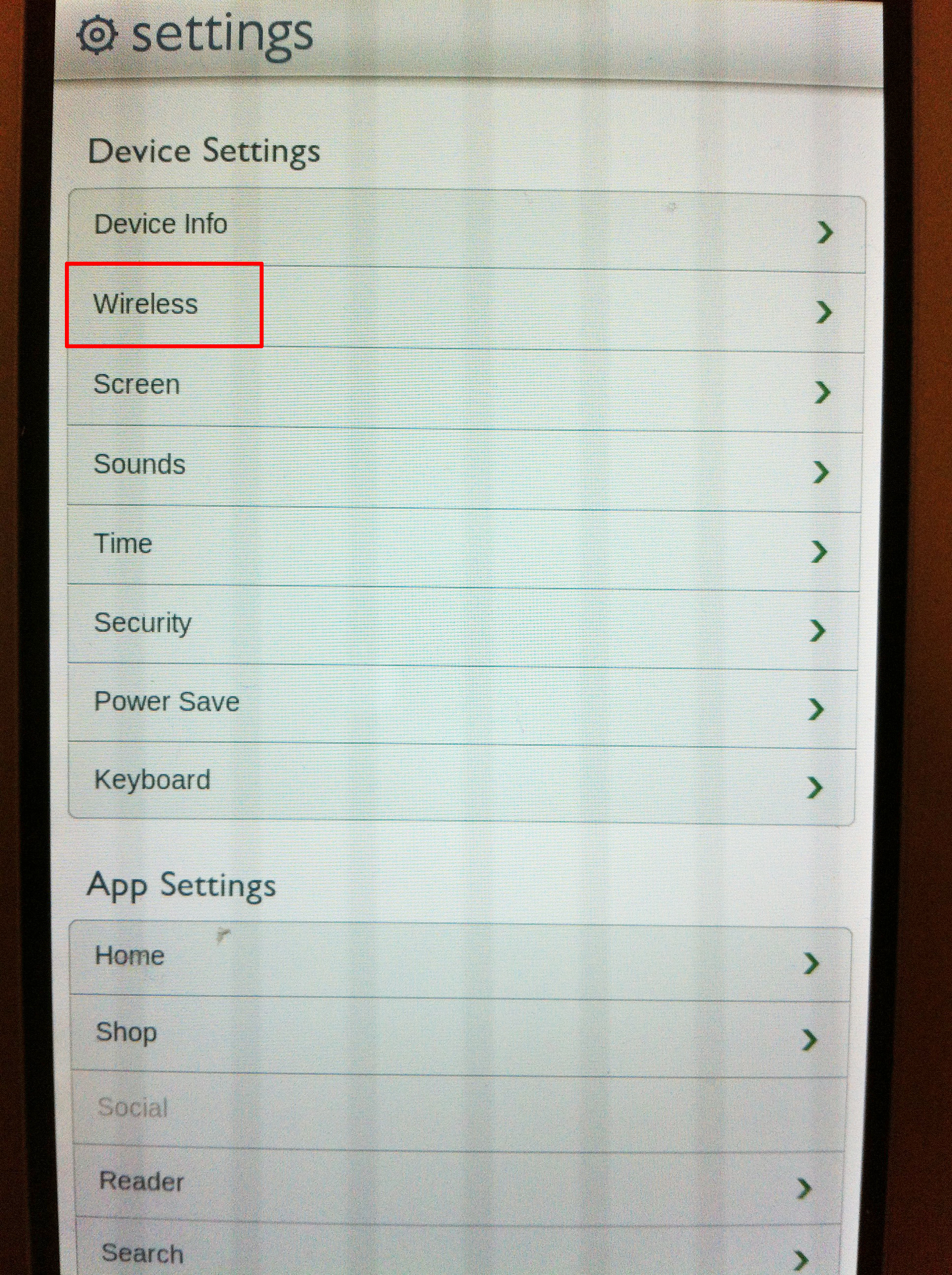 Nook Tablet Settings Screen with wireless selected