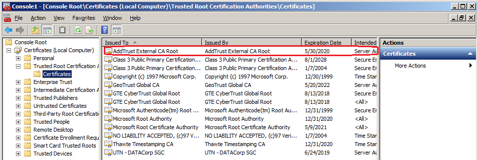 AddTrust External CA Root highlighted at the top