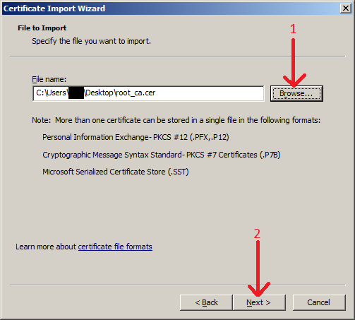 Certificate Import Wizard; Browse button and Next button are highlighted.