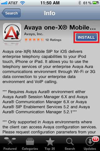 Avaya one-X screen, select install