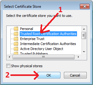 Trusted Root Certification Authorities option and OK button.