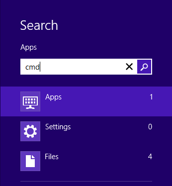 cmd search results in windows 8 at the right hand side of the screen 