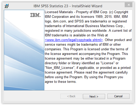 SPSS Statistics 23 Install Wizard Licensed Materials window