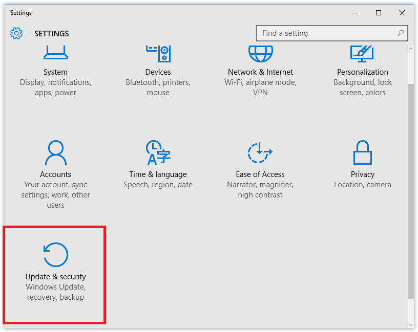 Settings window with update and security highlighted