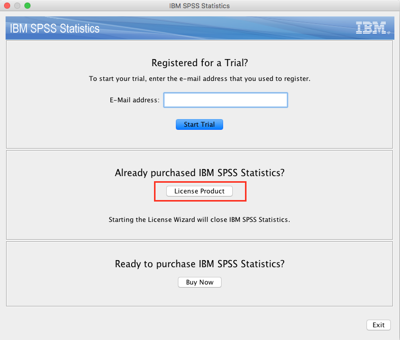 SPSS 24 License Product window with license product button in the middle. 