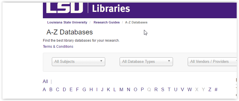 Window showing LSU Library  Databases