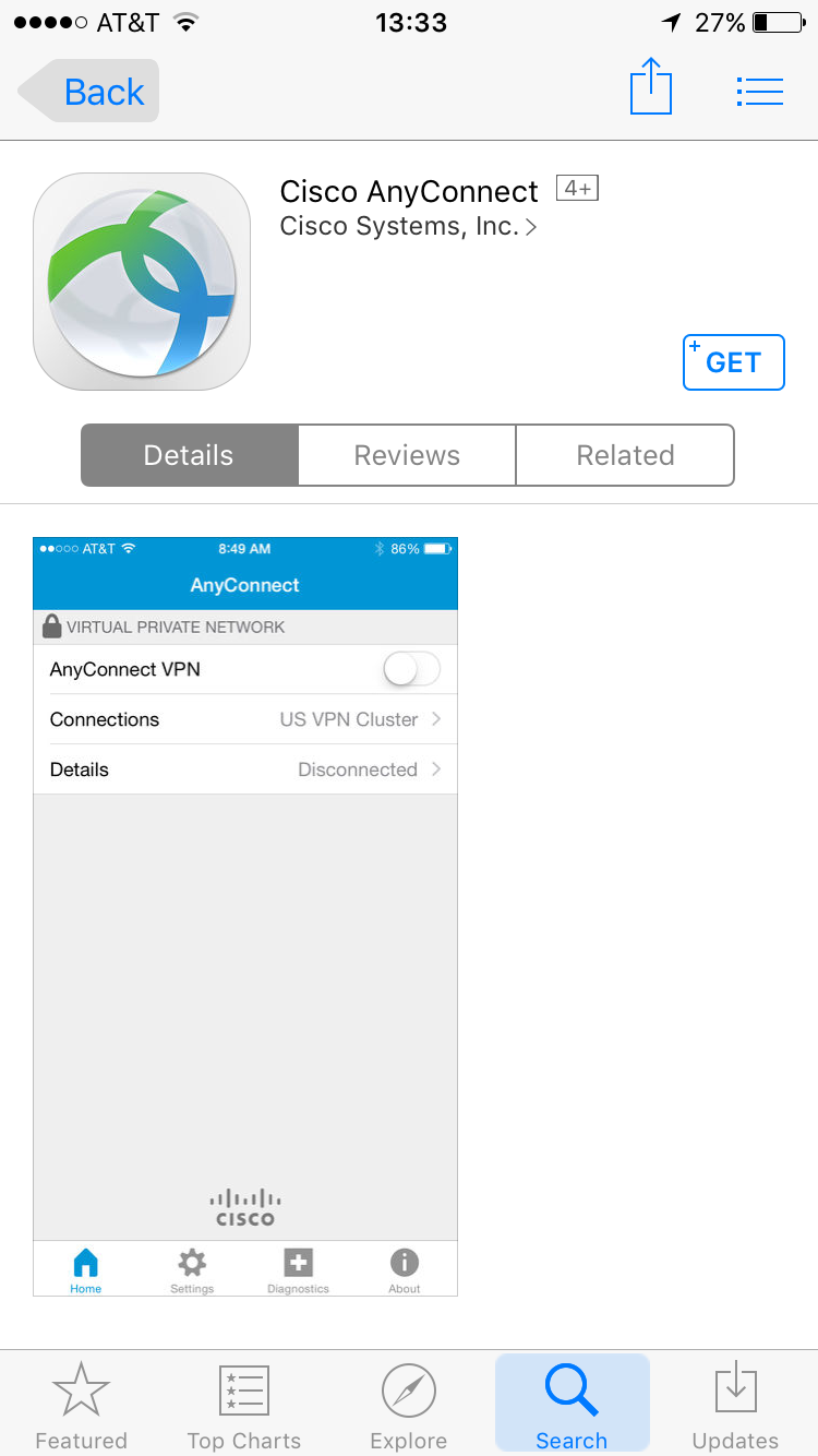 Cisco AnyConnect App Store page