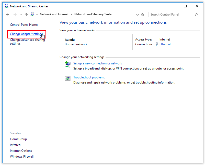 On the left sidebar, click the Change Adapter Settings link