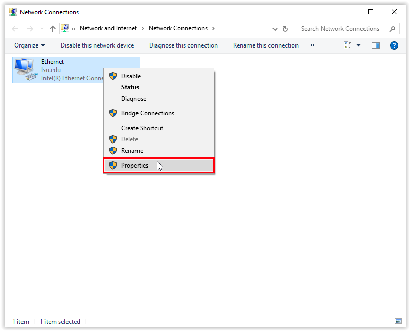 Select Properties in the drop-down menu after right-clicking your connection.