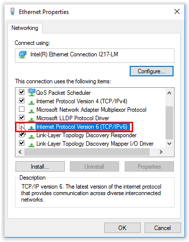 uncheck the box next to Internet Protocol Version 5 (TCP/IPv6) 