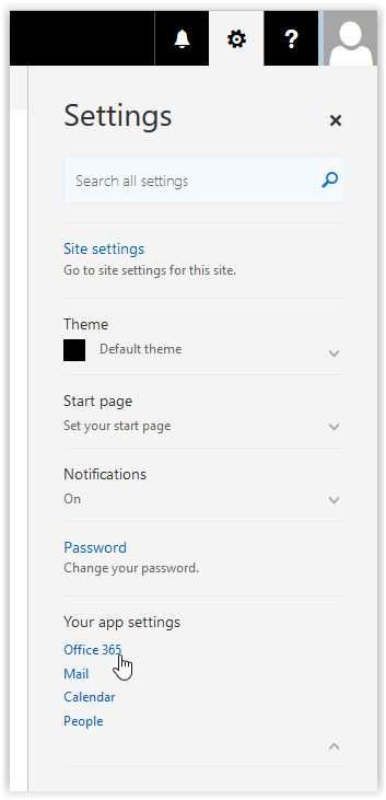 Office 365 settings dropdown menu with Office 365 highlighted under Your App Settings
