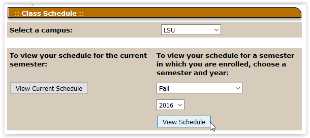 Personal Schedule page in the myLSU portal 