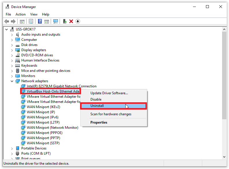 Uninstall option for the Network Adapter