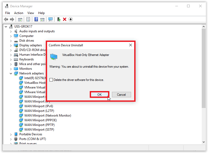 Device Manager making sure you want to uninstall a Network Adapter