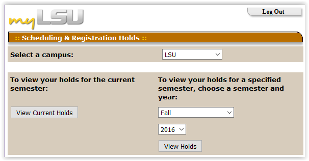 Scheduling and Registration Holds window in the myLSU portal