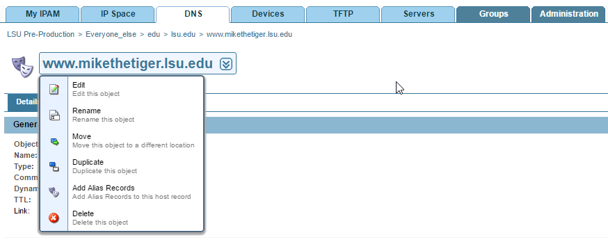 editing an existing number on the DNS tab. 