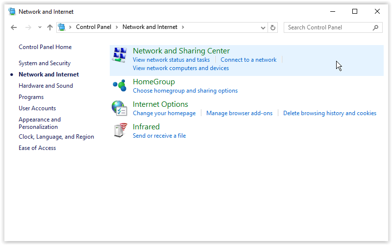 the Network and Sharing Center