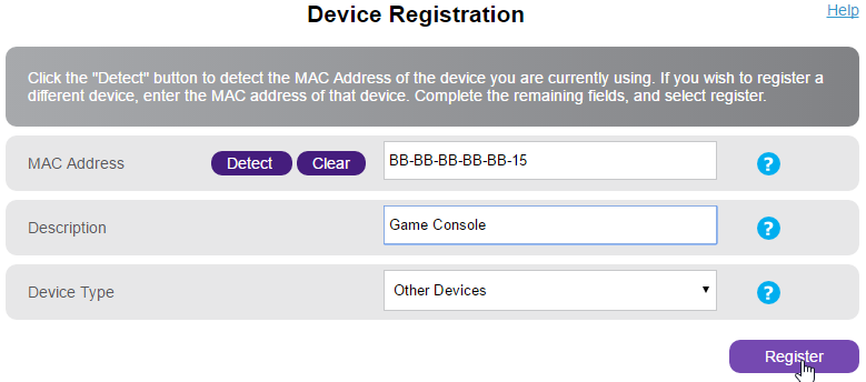 Device Registration fieldboxes