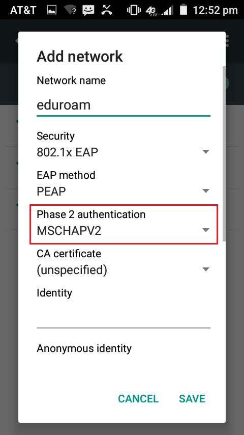 Selecting the MSCHAPV2 option in wifi settings