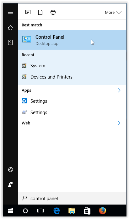 control panel icon in start menu