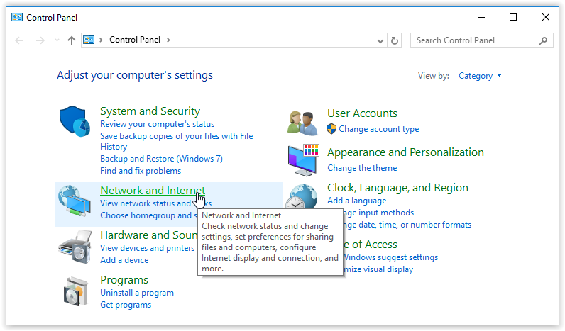 network and internet tab in the control panel