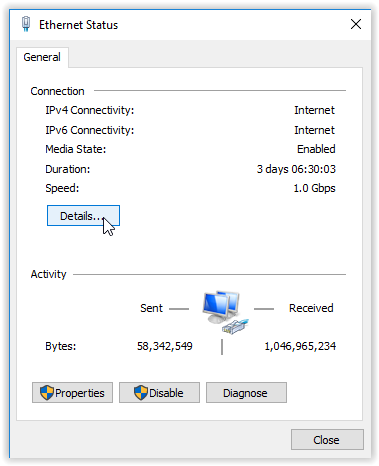 ethernet status window