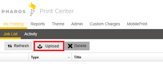 Upload button on the Job List tab