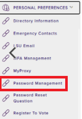 Password Management in Personal Preferences drop down