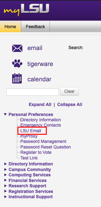 LSUmail link under personal preferences