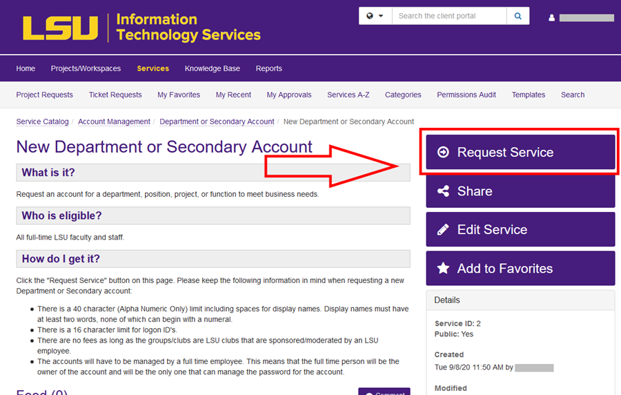 request service button highlighted