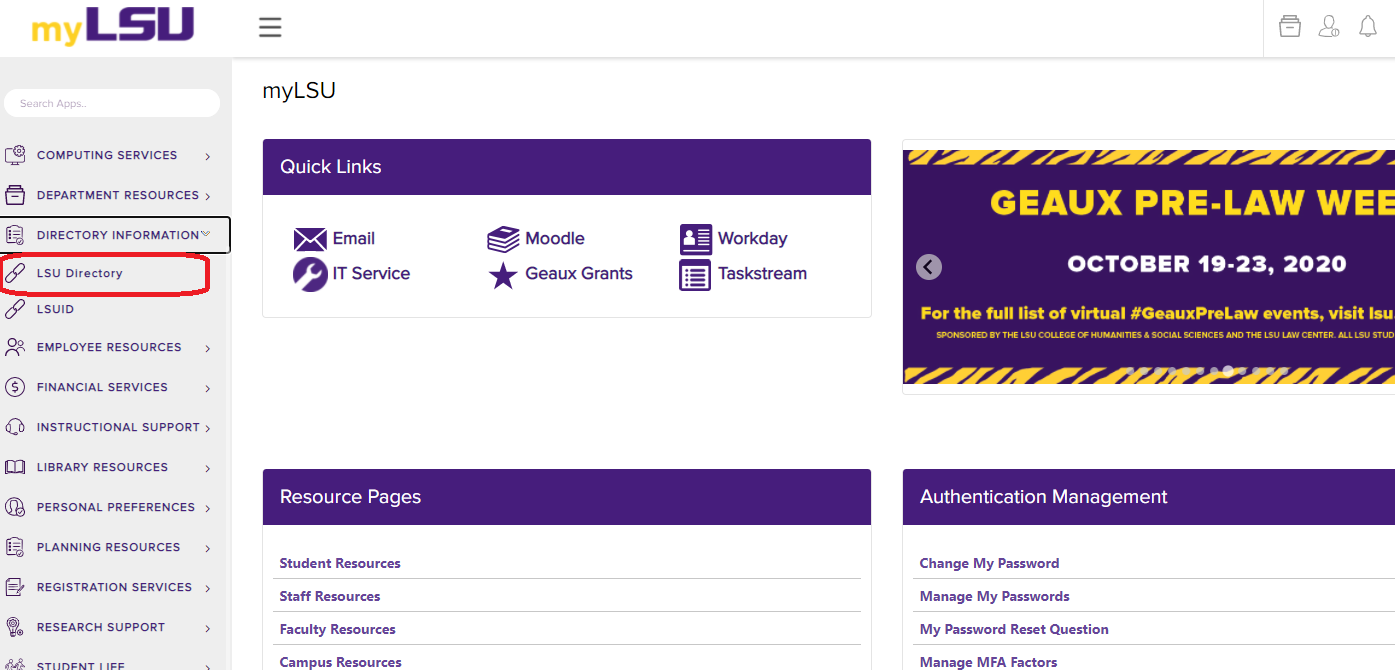 LSU Directory link under Directory Information