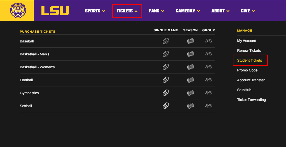 LSU Tickets Tab with student tickets highlighted