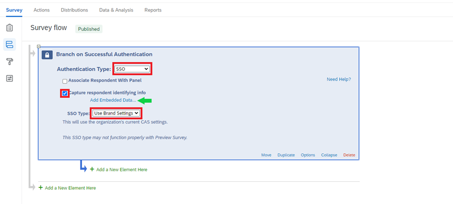 Authentication Type with SSO highlighted, capture respondent info checked, and SSO type as Use Brand Settings