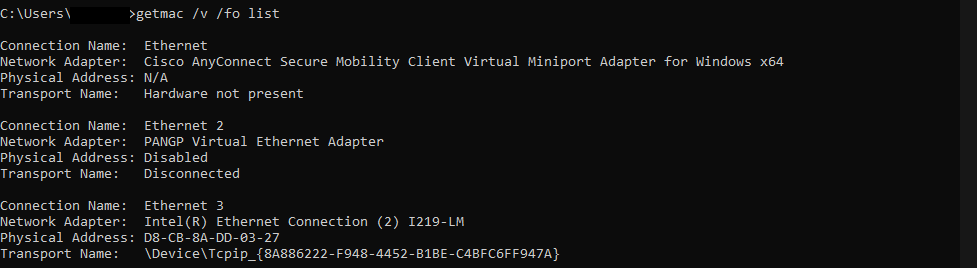 Command prompt window showing MAC connections after running get mac /v /fo list.