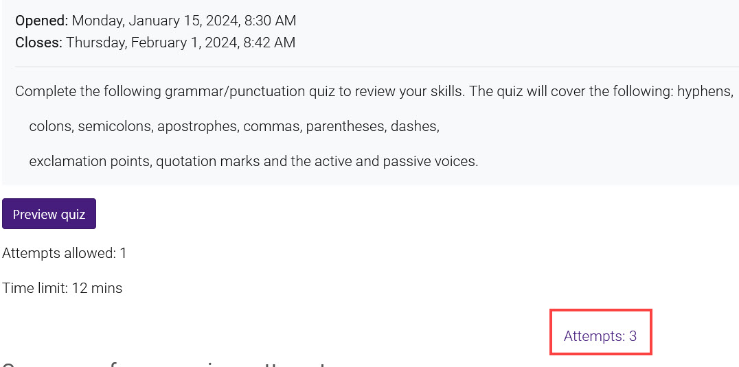 Instructor view of quiz page with attempts link highlighted