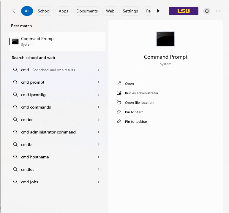 Command Prompt selected from the Search window